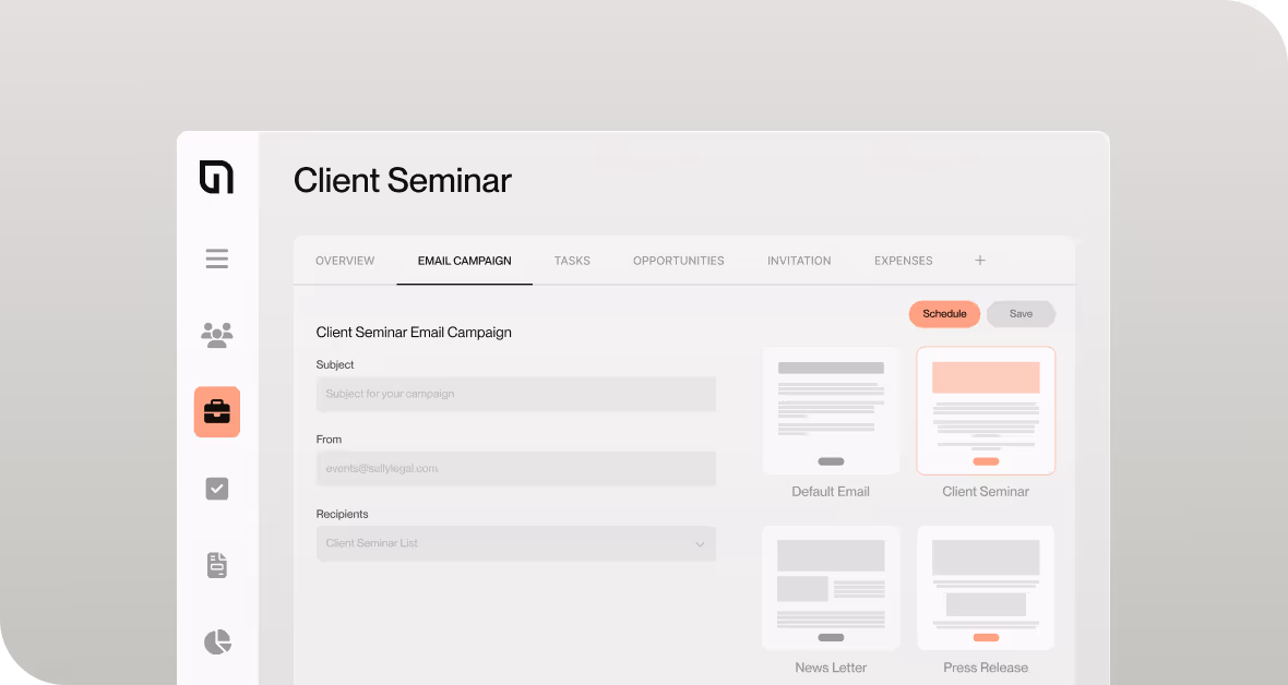 User interface of an email campaign dashboard showing the 'Client Seminar' campaign
