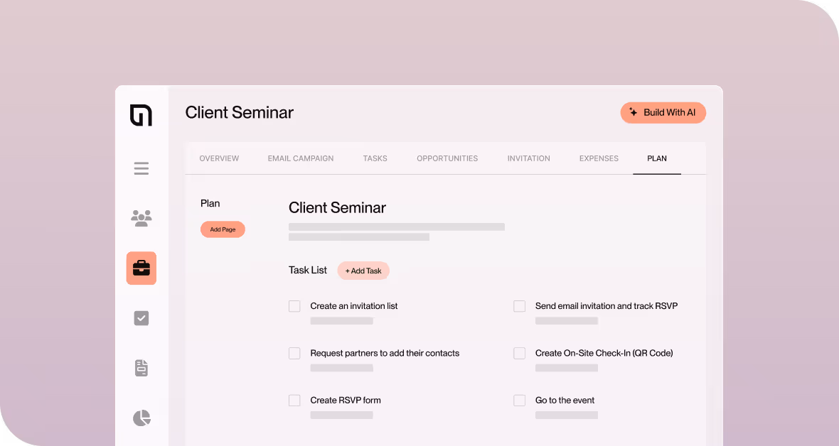 User interface showing a Client Seminar plan with a task list including creating invitation list, sending email RSVPs, and event check-in.