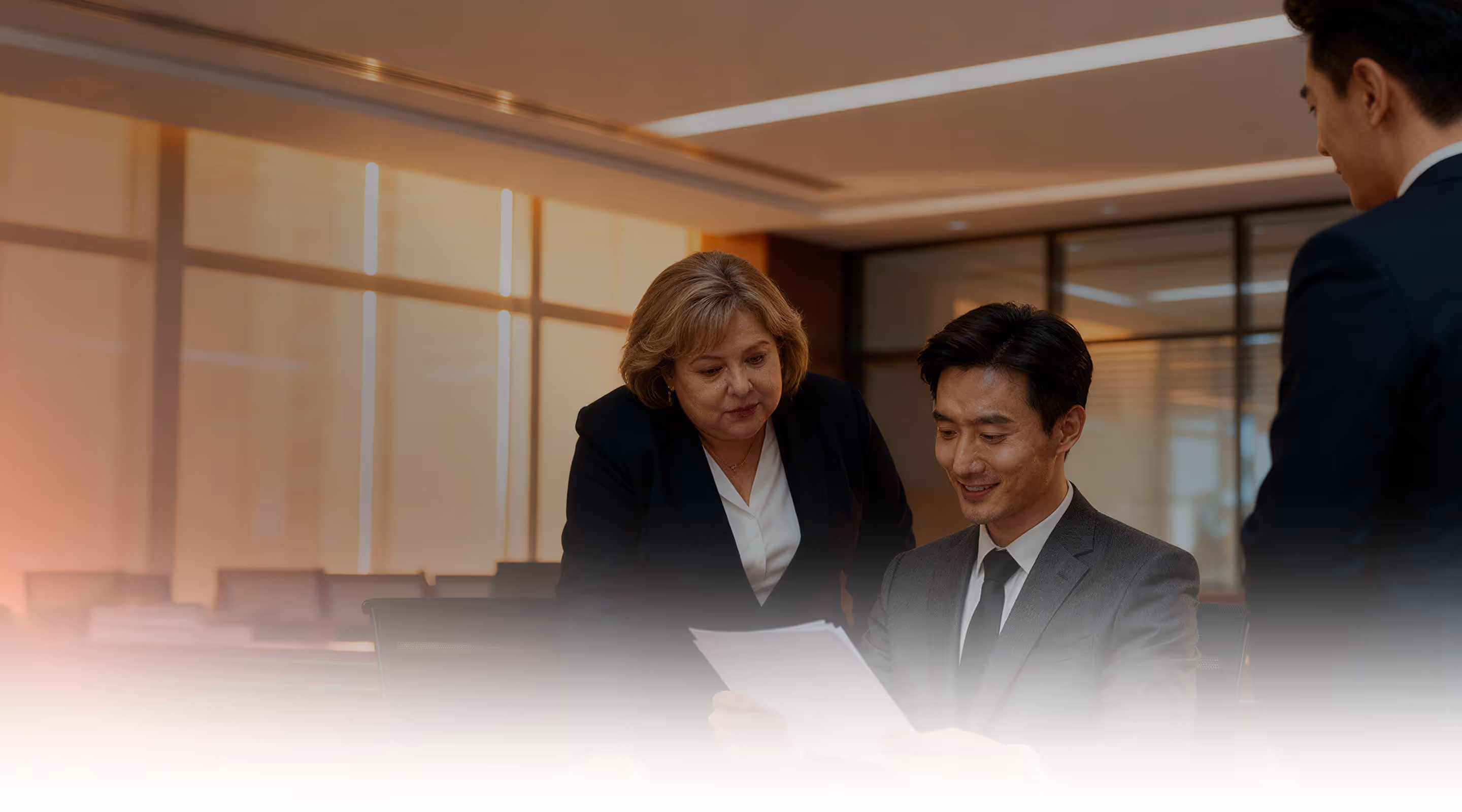 Two business professionals reviewing documents with a third person standing nearby in a modern office.