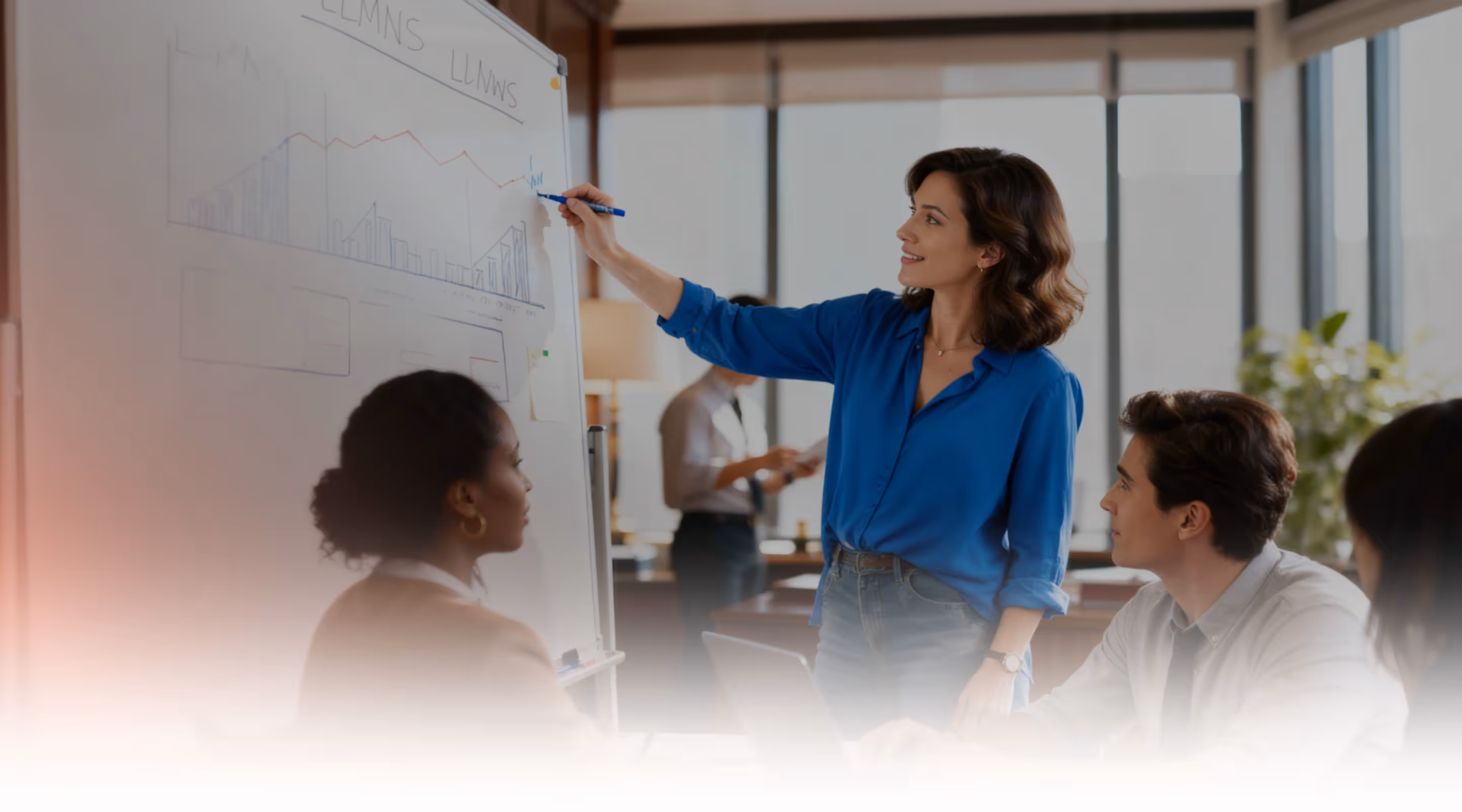 Woman in blue shirt pointing at a chart on a whiteboard while colleagues watch during a meeting in an office.