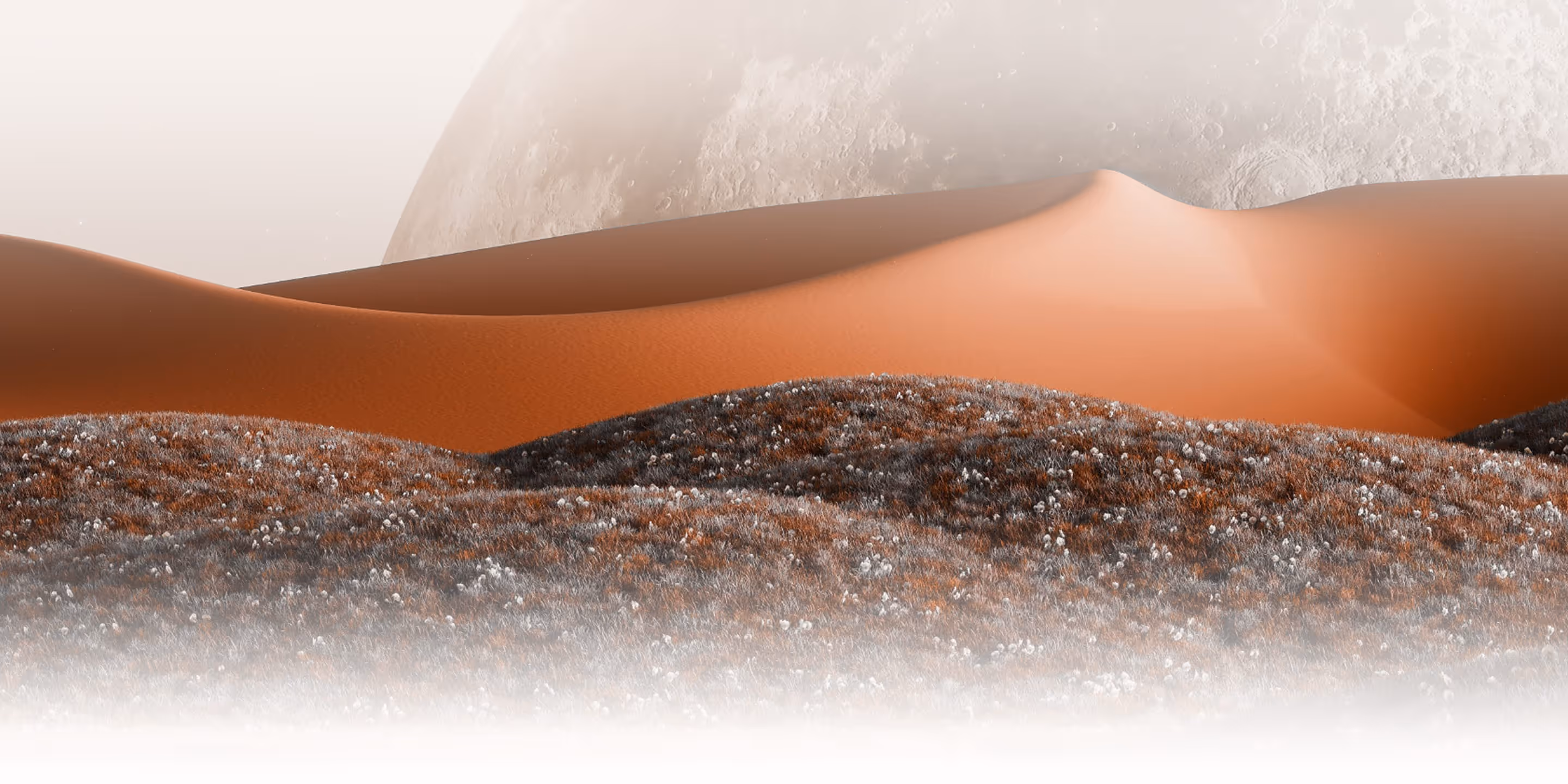 Surreal landscape with orange sand dunes, grassy hills with white flowers, and a large moon in the pale sky.