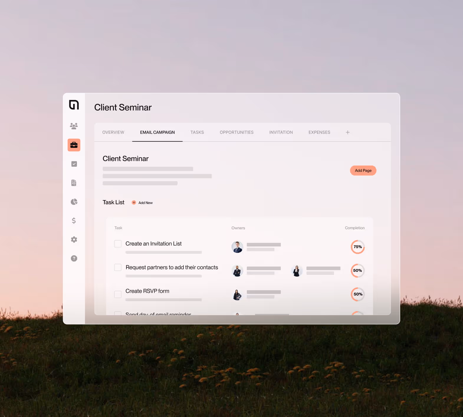 User interface displaying a task list for a Client Seminar email campaign with tasks, assigned owners, and completion percentages.
