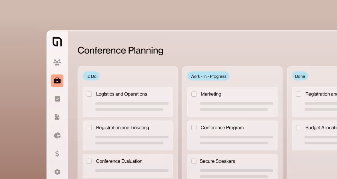 Digital task board for conference planning divided into three columns: To Do with tasks like logistics and registration, Work In Progress with marketing and program tasks, and Done with completed registration and budget tasks.