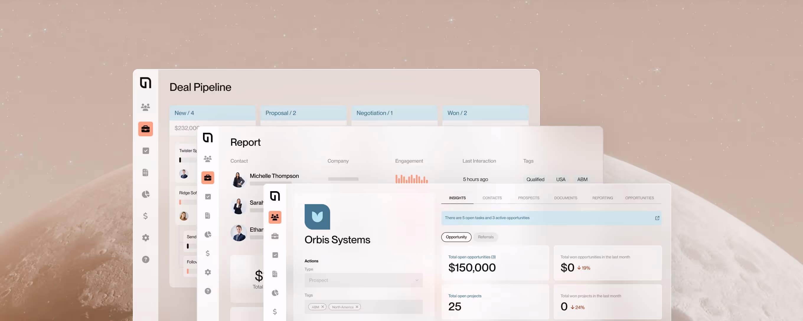 Overlapping dashboard screens showing deal pipeline stages, reports with contact engagement, and insights for Orbis Systems with financial and project metrics.