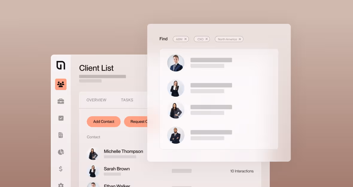 User interface showing a client list with contact names and photos, and a search filter for ABM, CXO, and North America.