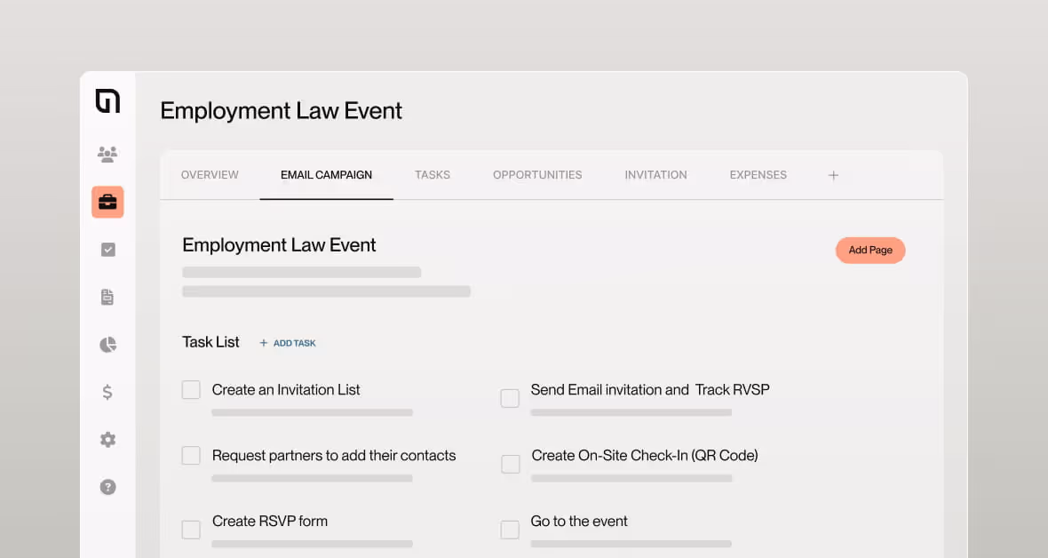 Dashboard interface for Employment Law Event email campaign with a task list including creating invitation list, sending email invites, adding contacts, on-site check-in, RSVP form, and attending event.