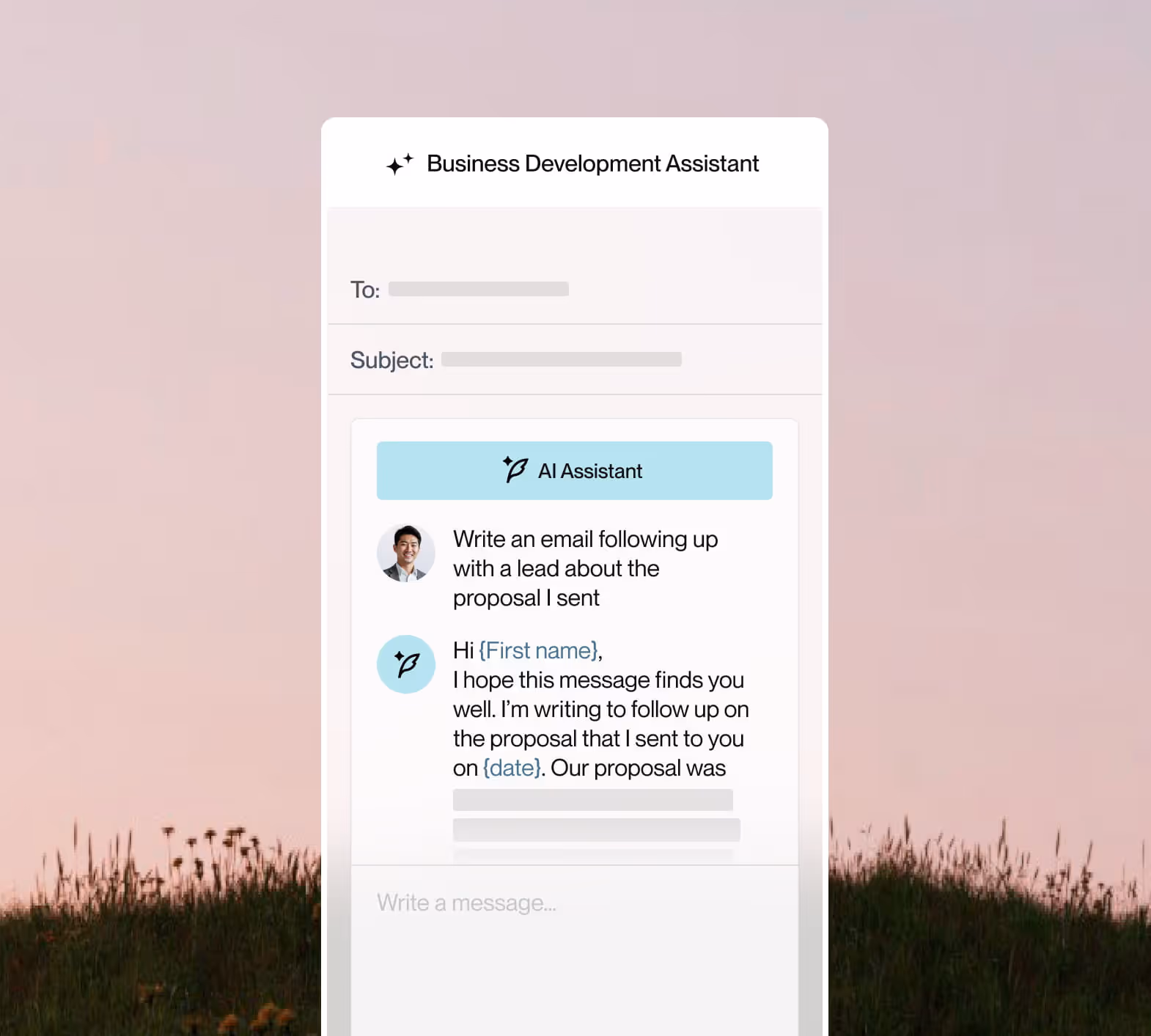 Screenshot of a Business Development Assistant AI tool drafting a follow-up email template with placeholders for recipient's first name and date, against a blurred pink sky background with grass.