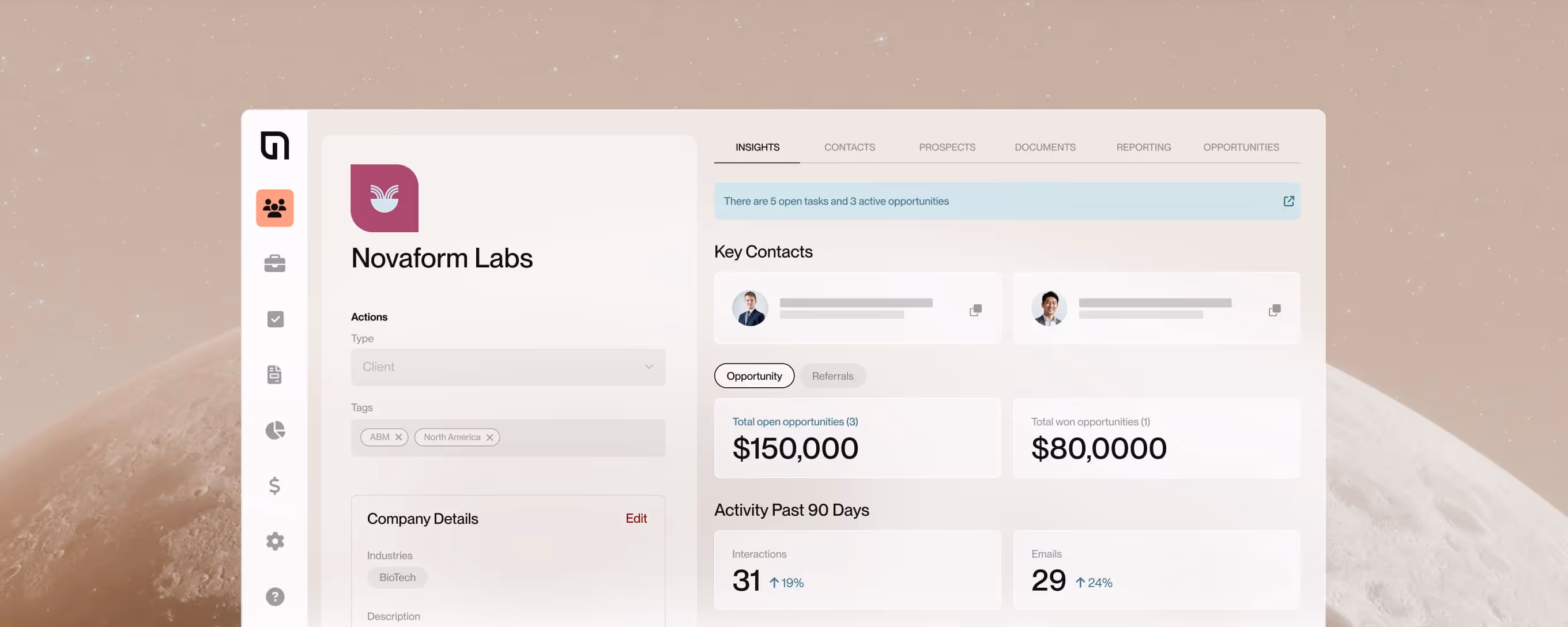 Dashboard showing Novaform Labs company overview, including key contacts, open and won opportunities, and activity stats for the past 90 days.