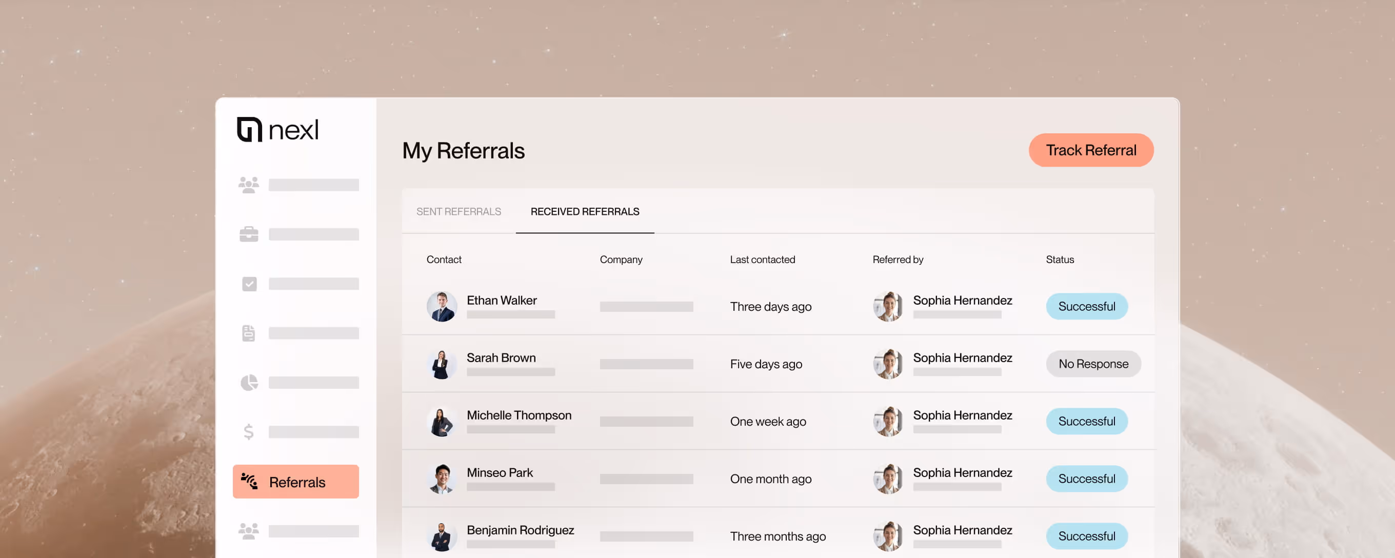 Nexl referral dashboard showing received referrals with contact names, last contacted dates, referrer Sophia Hernandez, and referral status such as Successful or No Response.