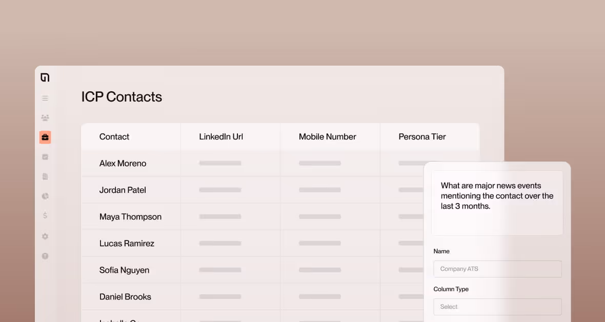User interface showing a table labeled ICP Contacts with columns for Contact, LinkedIn Url, Mobile Number, and Persona Tier, listing names like Alex Moreno and Maya Thompson.