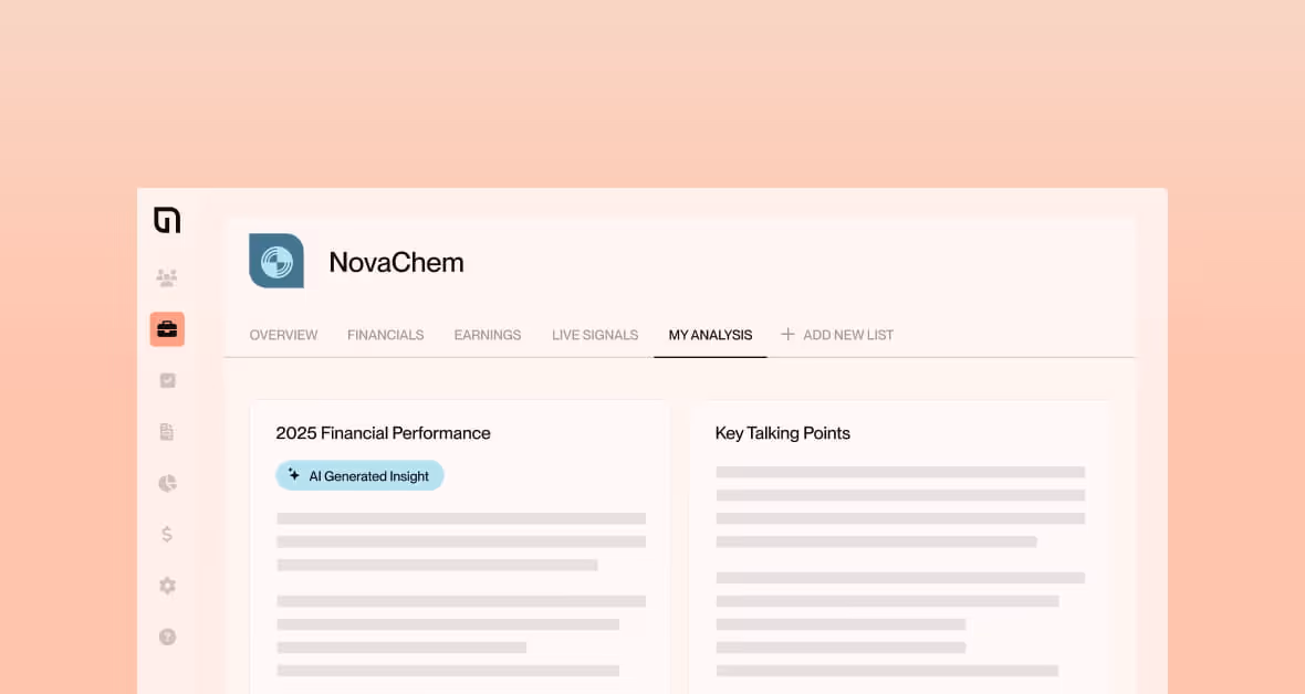 Dashboard screen showing NovaChem's 2025 financial performance and key talking points with AI Generated Insight highlighted.