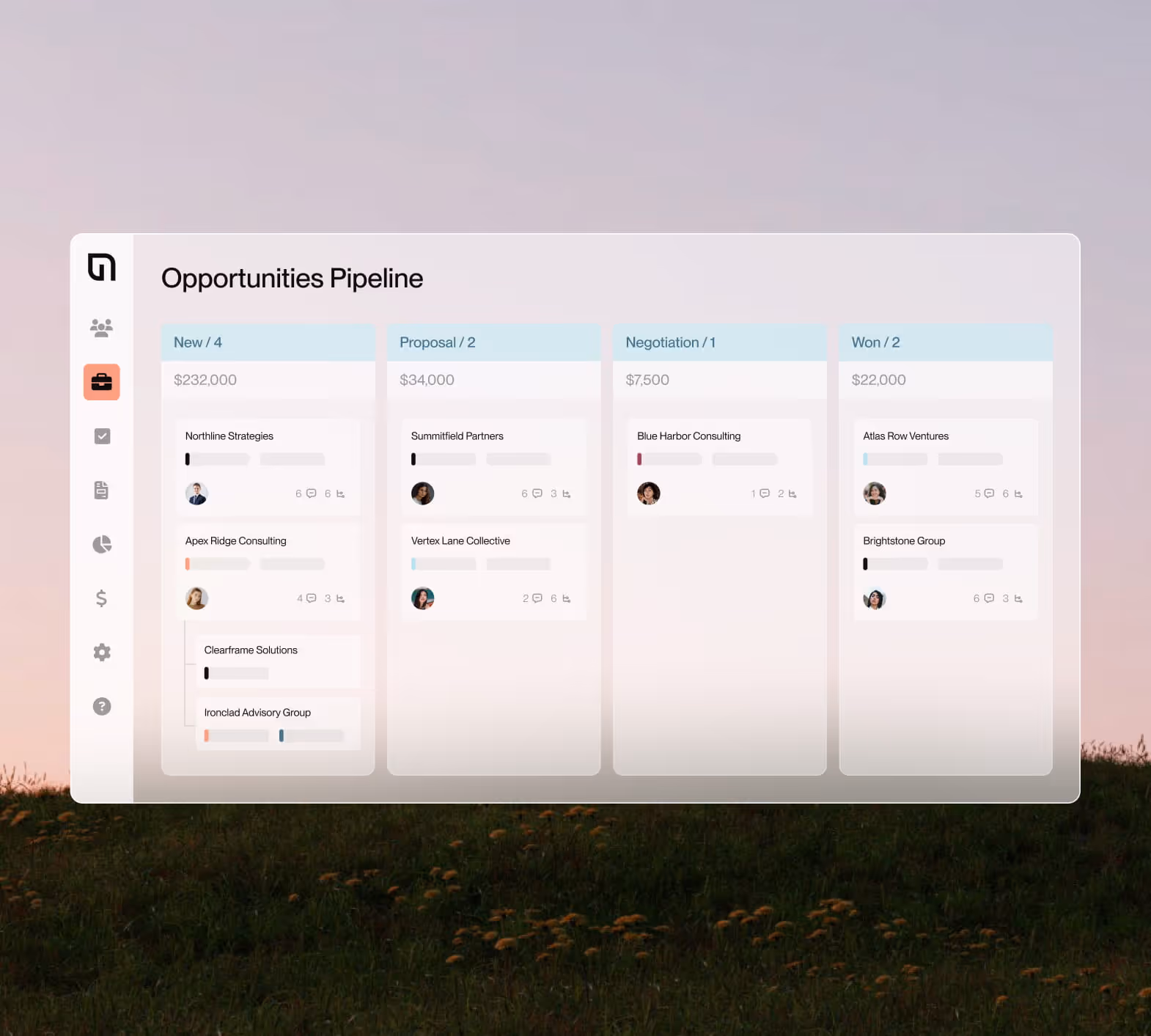 Opportunities pipeline dashboard showing columns for New, Proposal, Negotiation, and Won stages with respective counts, values, and associated team members.