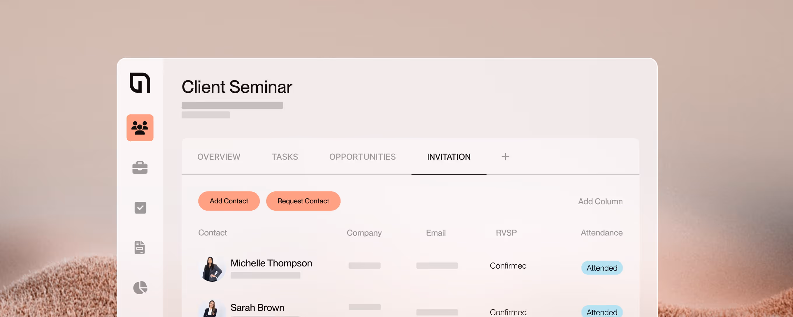 Client seminar invitation list showing contacts Michelle Thompson and Sarah Brown with confirmed RSVPs and attended status.
