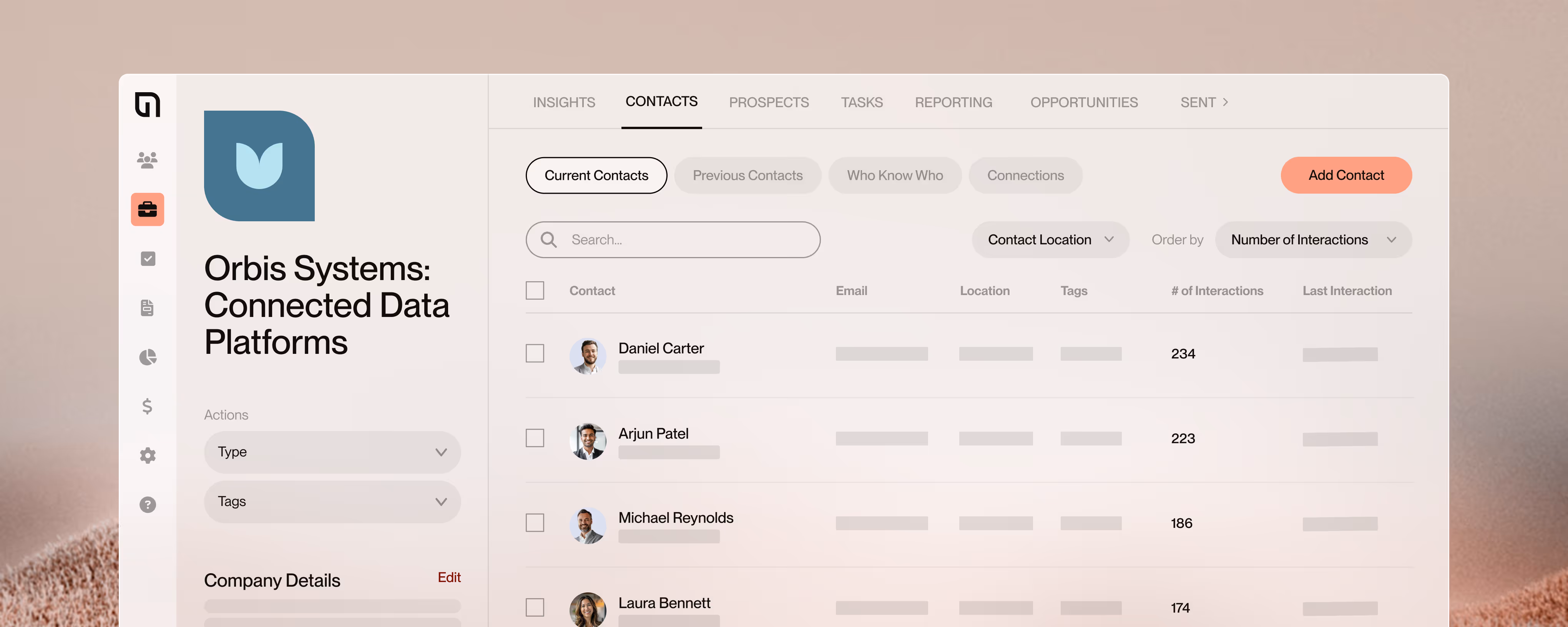 CRM dashboard showing current contacts with names, profile pictures, and number of interactions for Orbis Systems connected data platform.