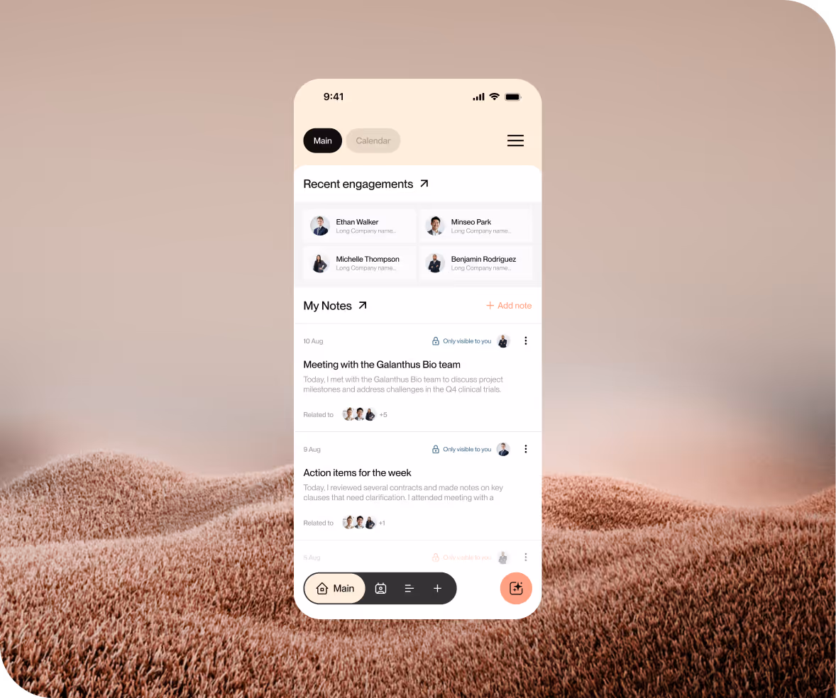 Smartphone screen showing recent engagements and notes with user avatars in a clean app interface.