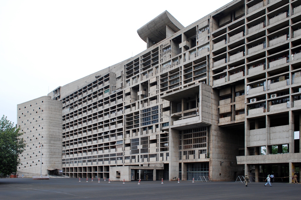 The Secretariat Building in Chandigarh, designed by Le Corbusier, with its exposed concrete facade