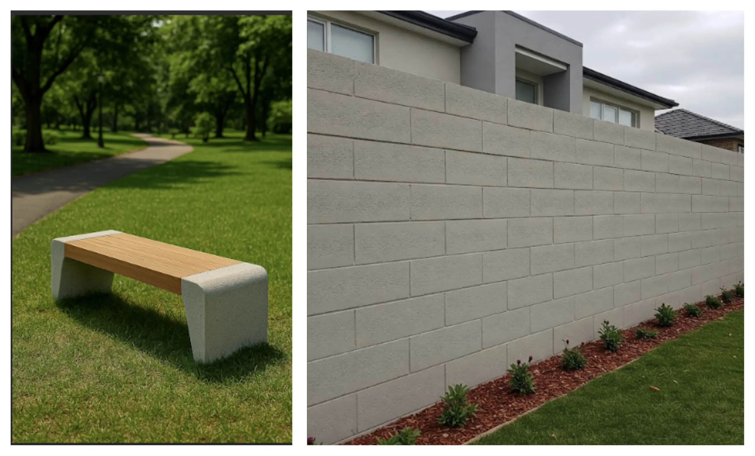 Concrete bench with a timber seat on a park lawn, beside a grey concrete block boundary wall