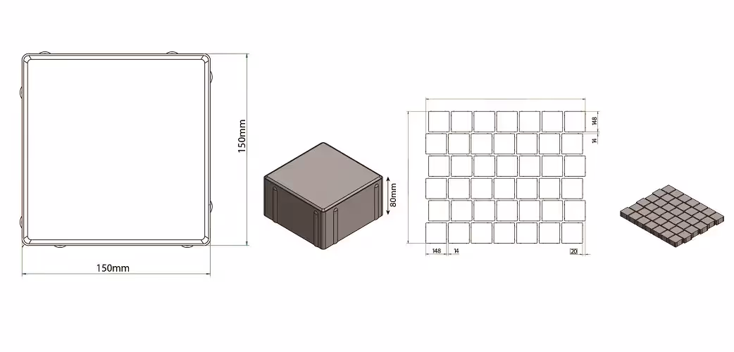 Square - Compact technical drawing showing the 150 × 150 mm paver outline, a 3D view and a grid laying layout