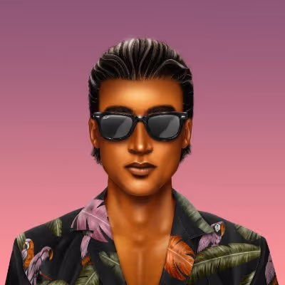 Person with slicked-back dark hair wearing black sunglasses and a tropical patterned shirt against a pink gradient background.
