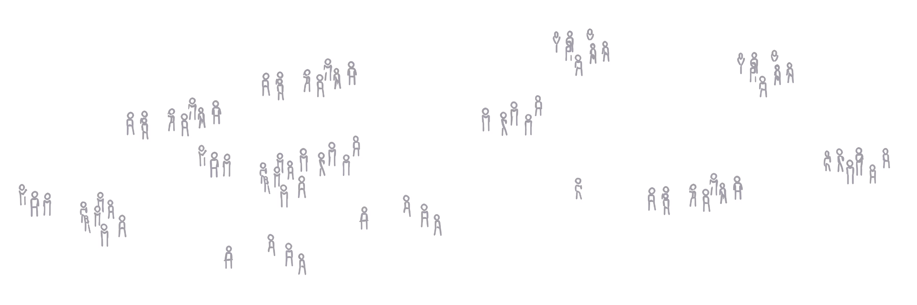 Illustration of multiple small groups of simplistic stick-figure people scattered across a white background.