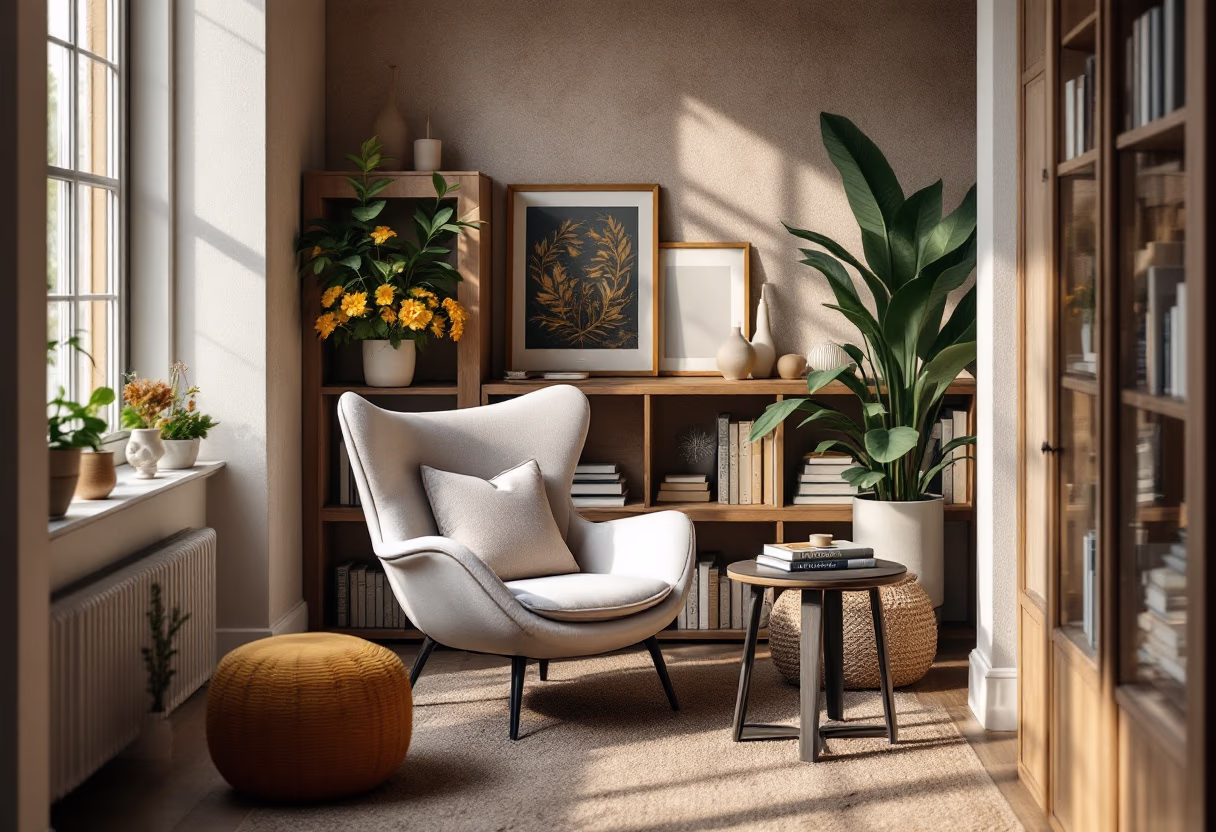 cozy reading nook in a modern home library [background image]