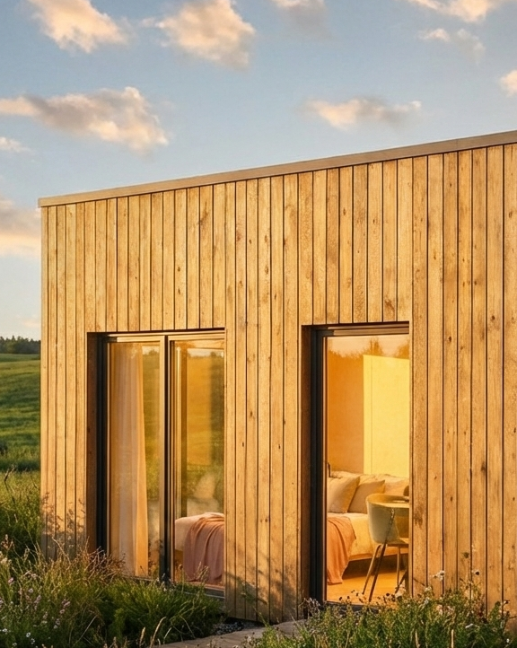 Exterior de uma casa moderna de madeira ao pôr do sol, com grandes janelas de vidro que revelam um ambiente acolhedor no interior.