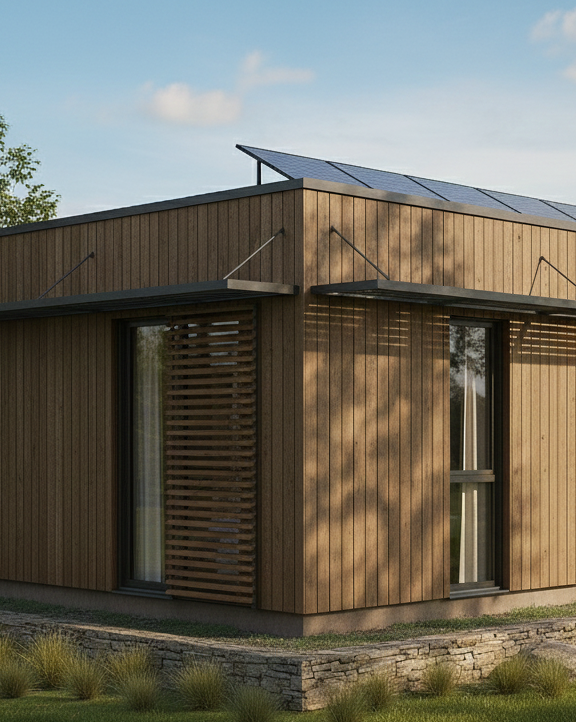 Canto de uma casa moderna de madeira com painéis verticais, grandes janelas, painéis solares no telhado plano e fundação de pedra, rodeada de relva.