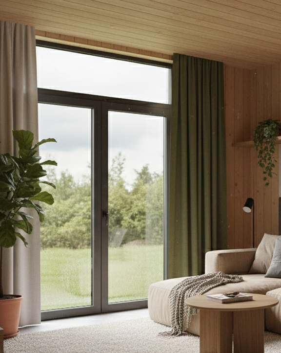 Sala de estar acolhedora com sofá bege, mesa de centro redonda de madeira, janelas do chão ao teto e cortinas verdes e bege, com vista para um jardim com relva e árvores.