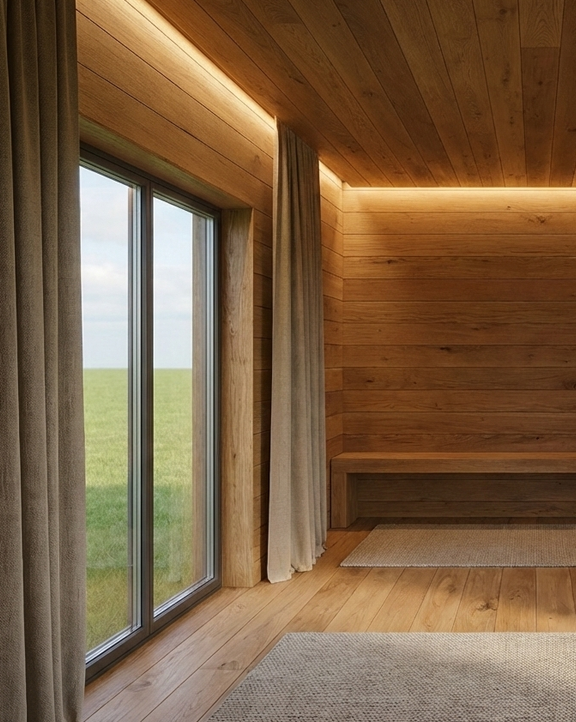 Quarto minimalista de madeira com portas de vidro do chão ao teto, cortinas bege, banco e iluminação suave interna.