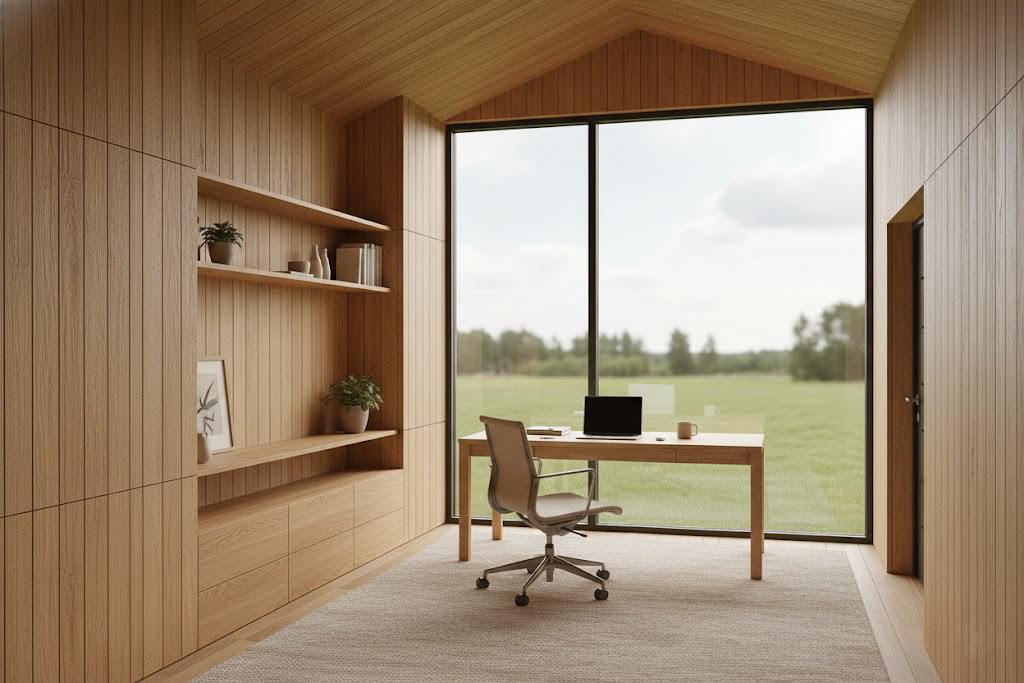 Escritório minimalista de madeira com grande janela do chão ao teto com vista para um campo verde, mesa com um laptop, cadeira e prateleiras com plantas e objetos de decoração.