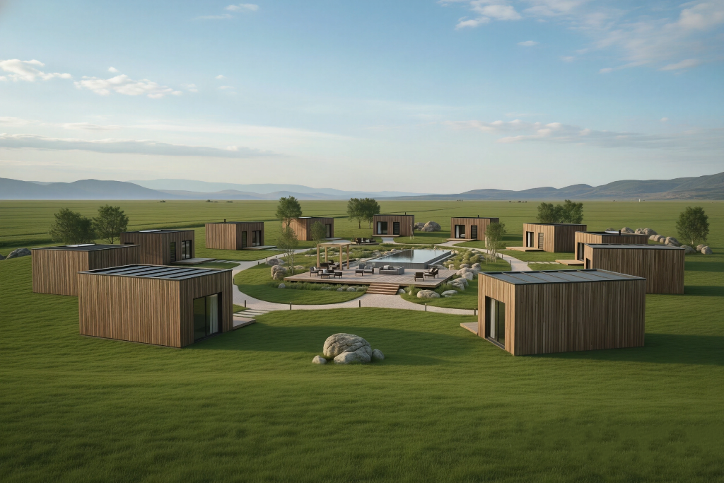 Módulos modernos de madeira dispostas em círculo em torno de uma piscina central, com espreguiçadeiras numa planície de relva, sob um céu azul.