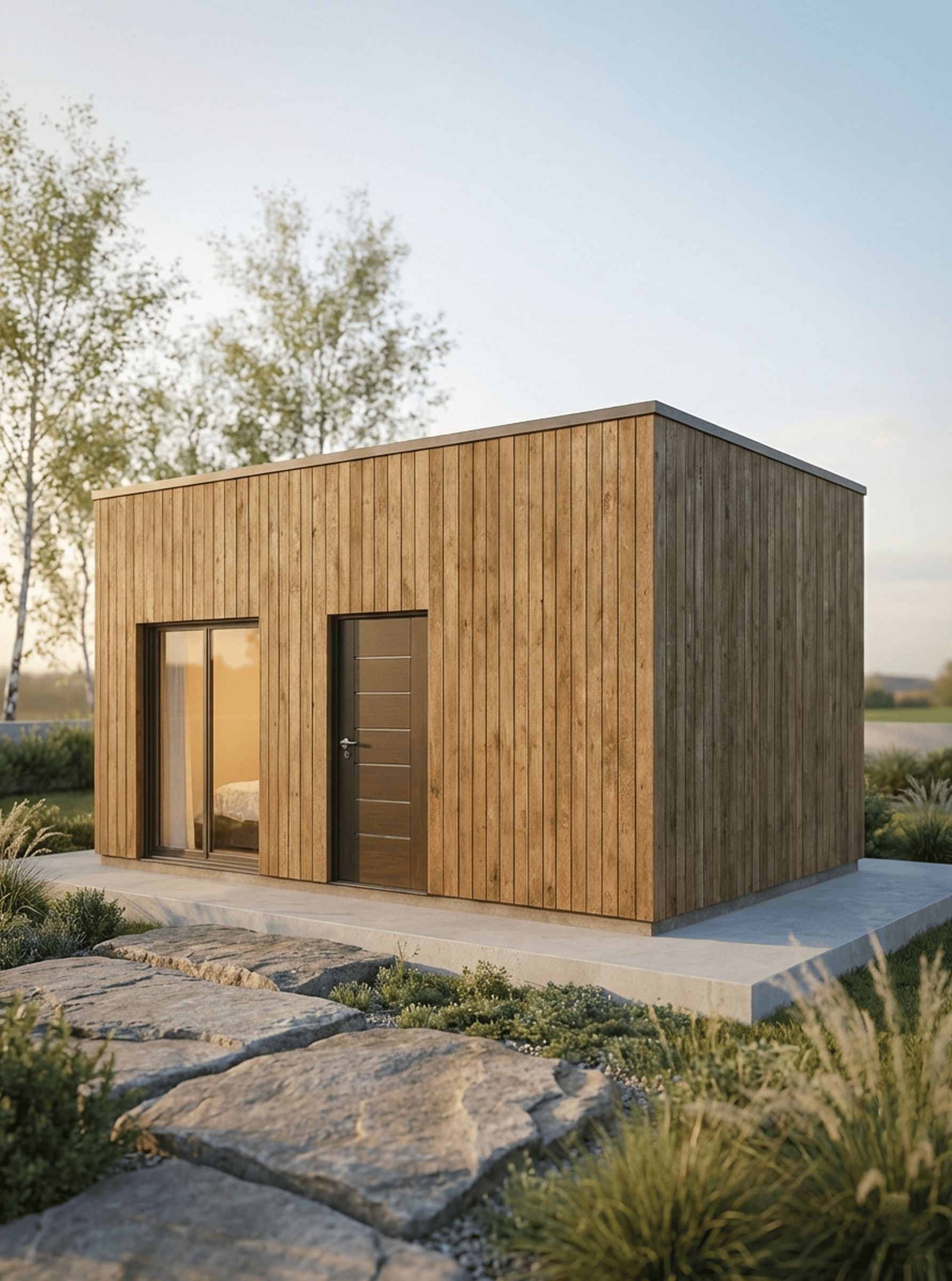 Pequena casa moderna de madeira com porta de vidro deslizante e porta da frente de cor escura, rodeada por caminho de pedra e áreas verdes.