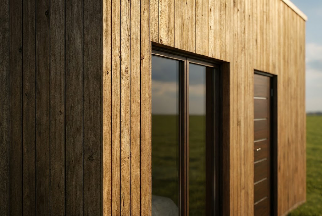 Close-up do exterior de um módulo moderno de madeira com uma porta de vidro deslizante e uma porta de entrada de madeira, situado numa planície de relva.