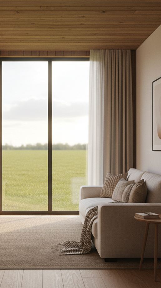 Sala de estar minimalista com sofá bege, almofadas estampadas, uma manta, mesa lateral de madeira e grandes portas de vidro deslizantes com vista para um campo verde.