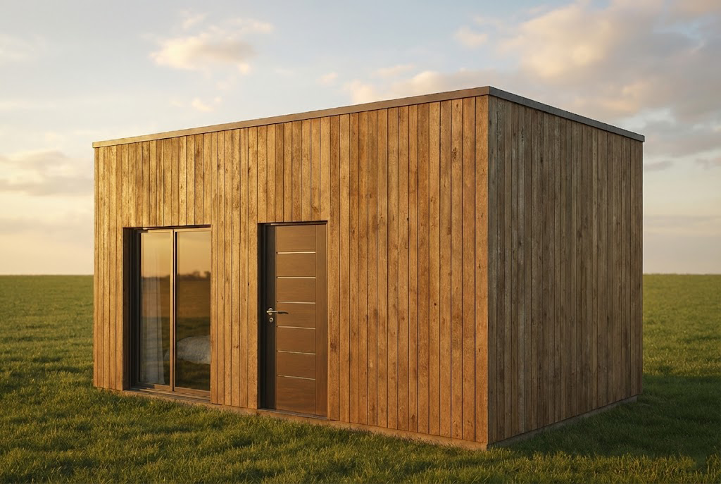 Pequena casa moderna de madeira com uma porta e uma grande janela, sobre relva verde, sob um céu parcialmente nublado.