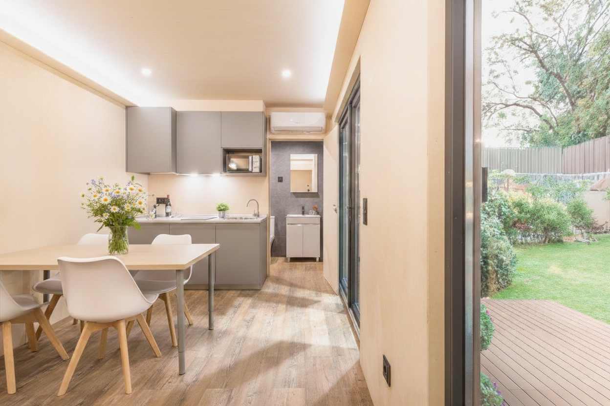 Interior of the modular house, modern and minimalistic interior