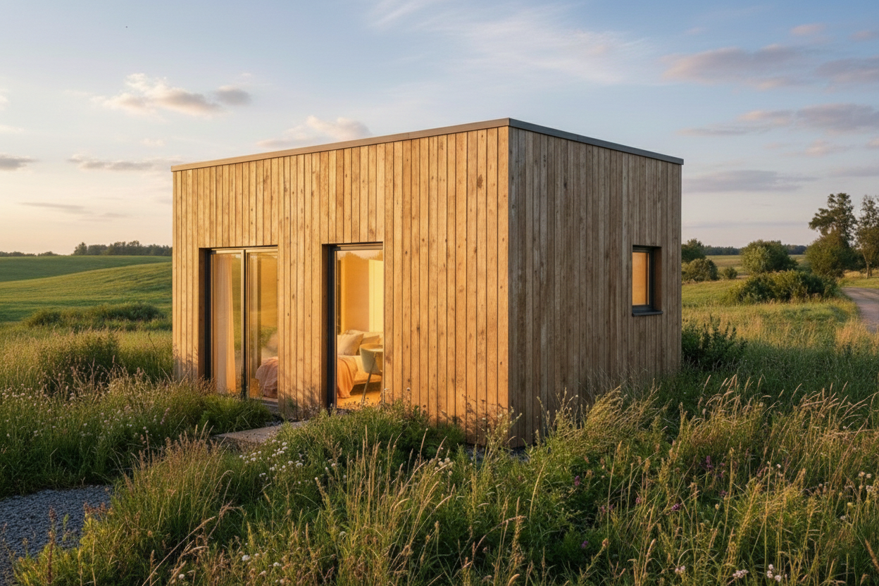 Pequena casa moderna de madeira com uma porta e uma grande janela, sobre relva verde, sob um céu parcialmente nublado.