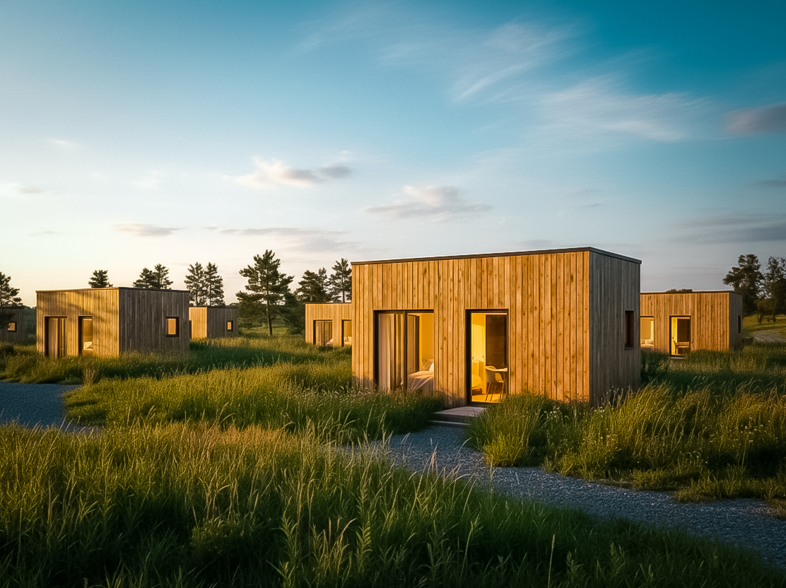 Módulos modernos de madeira dispostas em círculo em torno de uma piscina central, com espreguiçadeiras numa planície de relva, sob um céu azul.