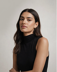A woman wearing a black turtle neck top.