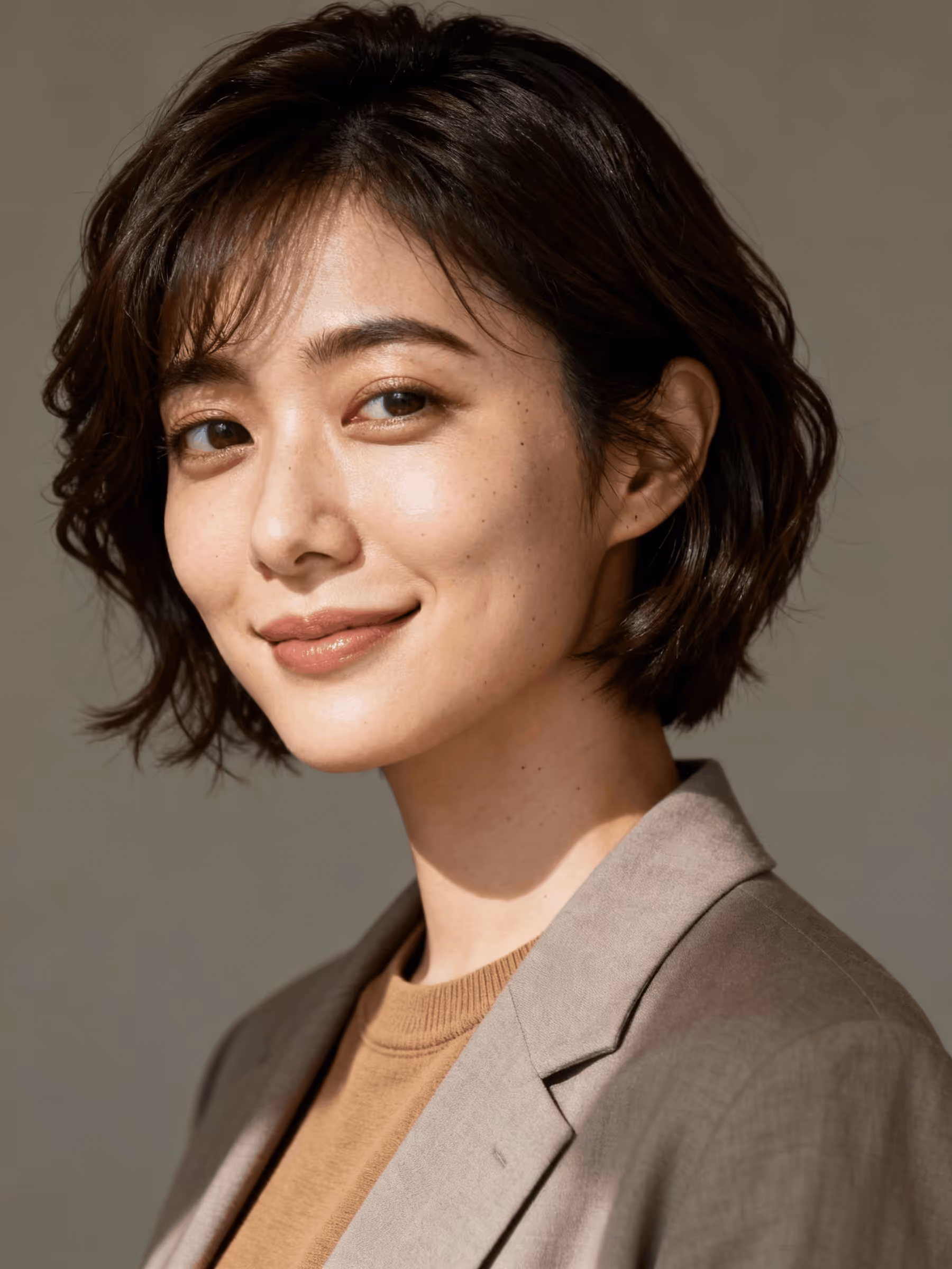 Confident woman with short wavy dark hair wearing a beige blazer and brown shirt, smiling slightly against a neutral background.