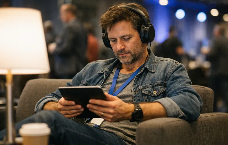 Man wearing headphones and a denim jacket, sitting on a couch and looking at a tablet in a cozy, softly lit room.