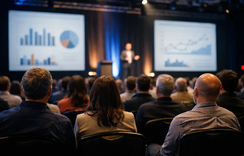 Audience sitting and watching a speaker presenting financial charts on large screens in a conference room.