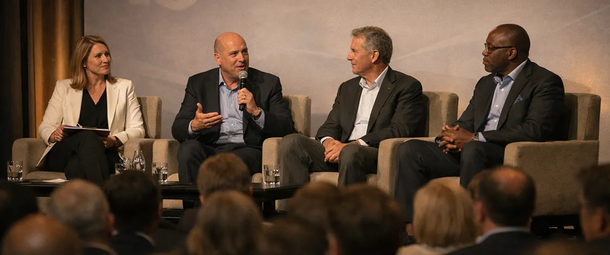 Four people seated in armchairs on stage during a panel discussion, with one man speaking into a microphone.