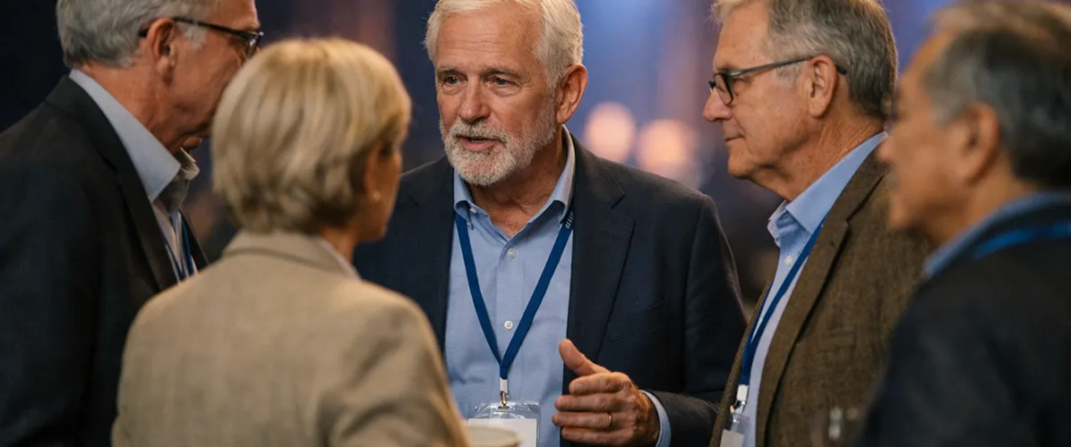 Group of five older professionals in business attire engaged in conversation at a conference.