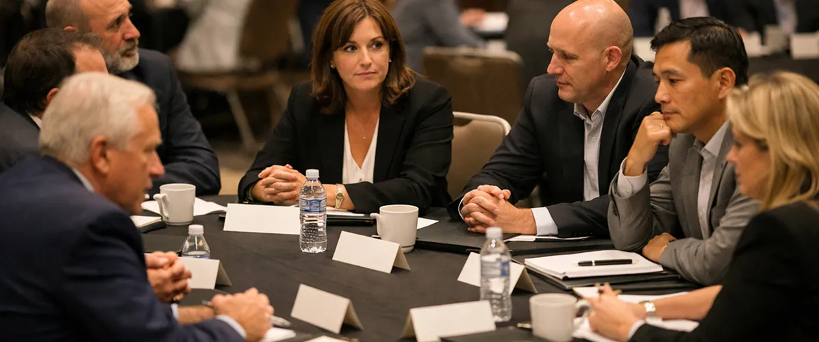 A group of six business professionals engaged in a serious discussion around a conference table with water bottles and notebooks.