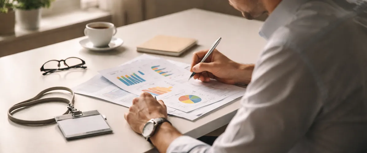 Person analyzing and writing on various charts and graphs at a desk with glasses, a cup of coffee, and a blank name badge.