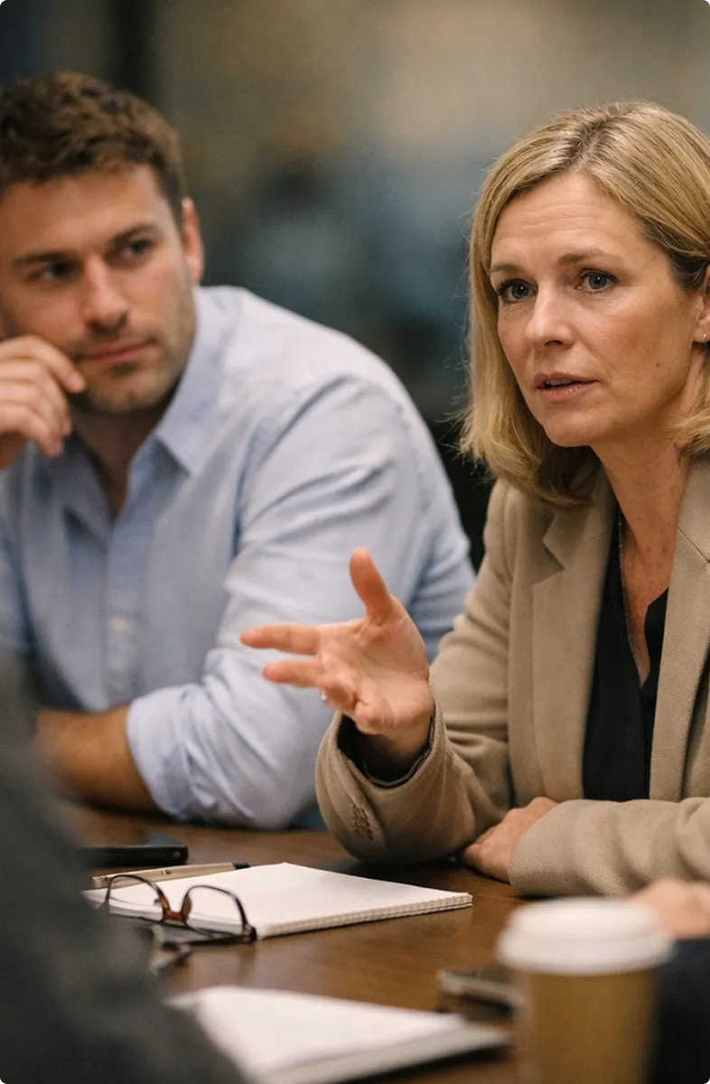 Woman speaking earnestly while a man in a light blue shirt listens attentively during a meeting.