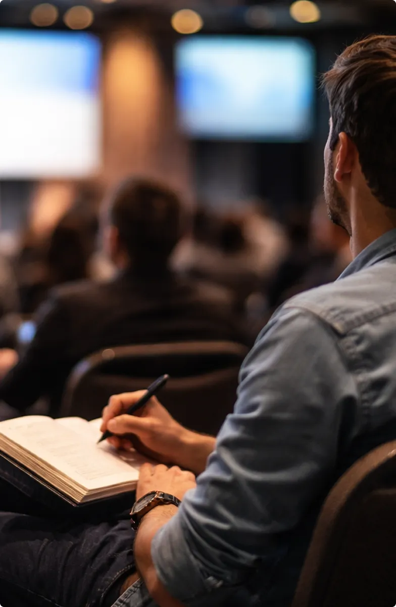 Man sitting in an audience taking notes in a notebook during a presentation or lecture.