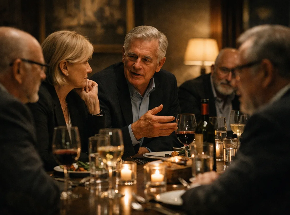 Group of older adults having an engaged conversation over dinner at a warmly lit table with wine glasses and candles.