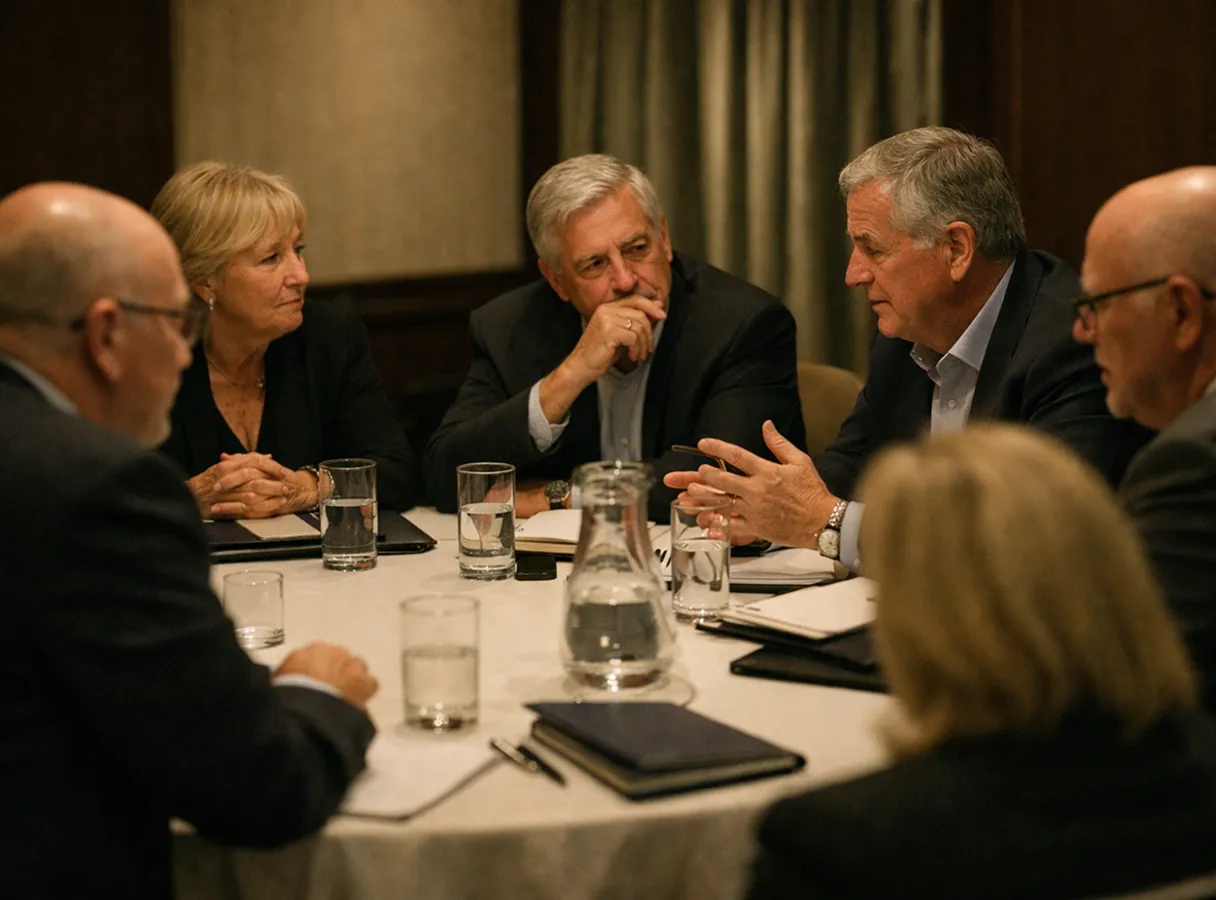 A group of six older adults in formal attire engaged in a serious discussion around a round table with notebooks and glasses of water.